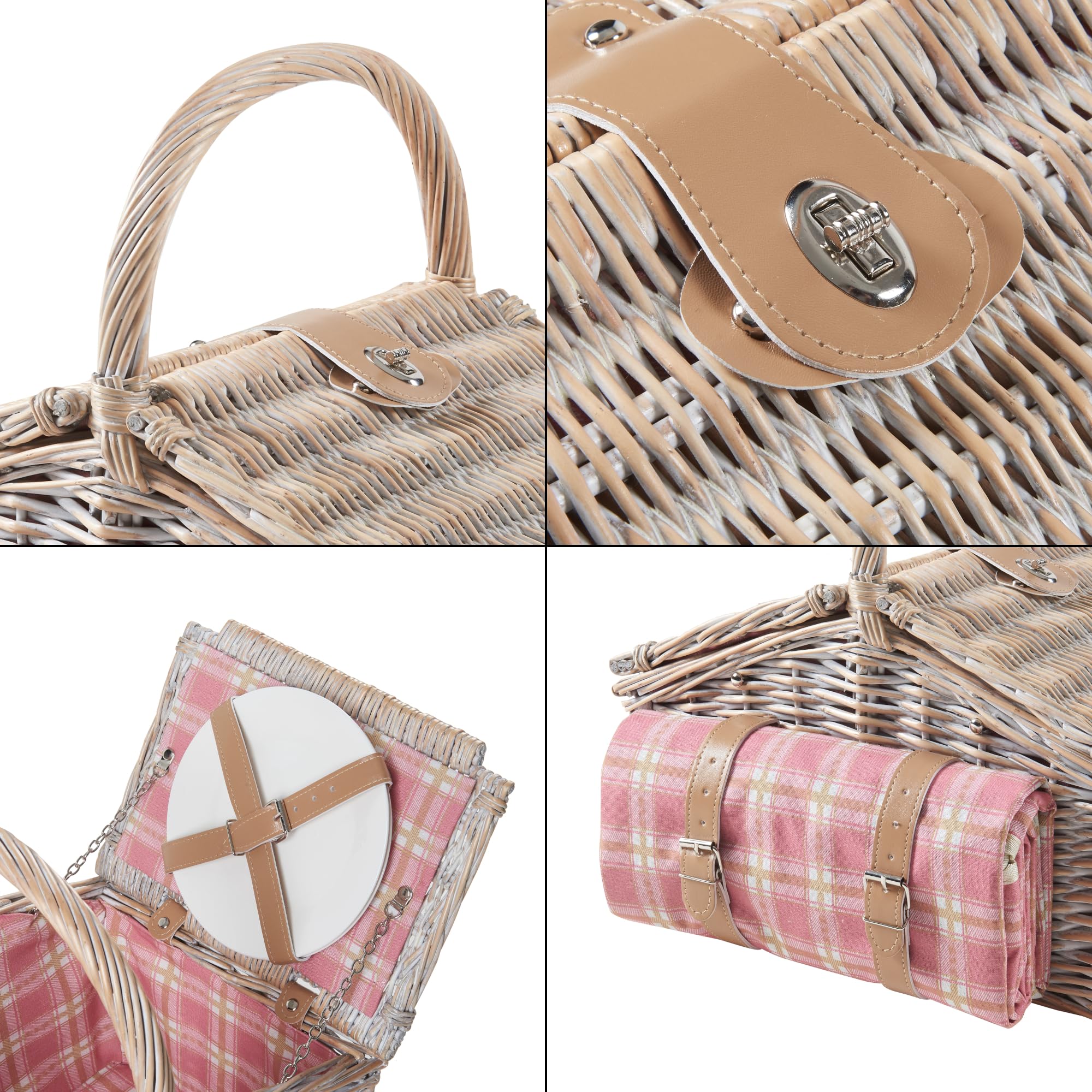 casa.pro Cestino da Picnic per 2 Persone in Vimini con Accessori Set Completo con Piatti Posate Bicchieri Cavatappi e Coperta Design Classico con Chiusura a Fibbie