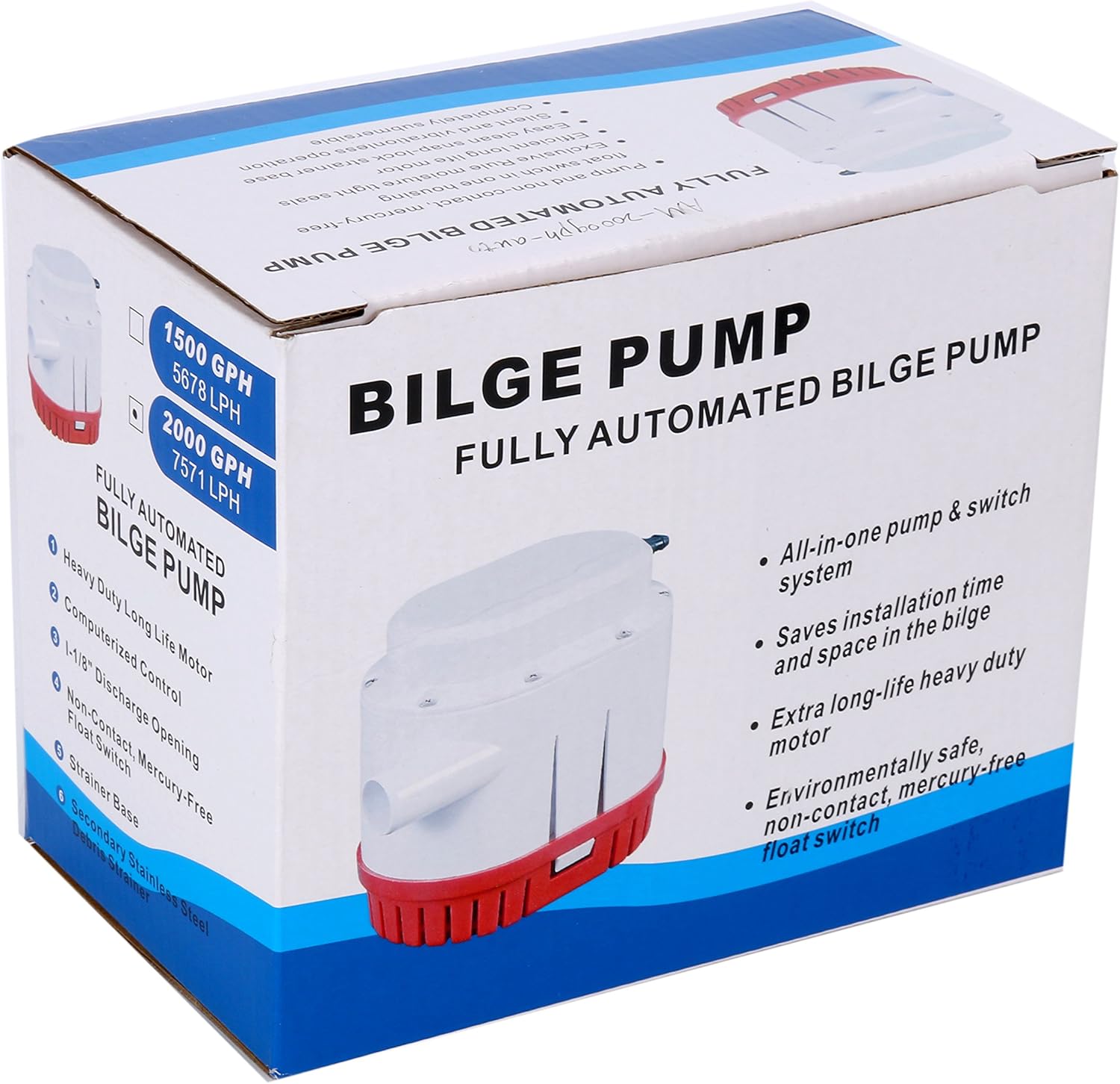 Amarine-made Automatic Submersible Boat Bilge Water Pump 12v 2000gph Auto with Built-in Float Switch