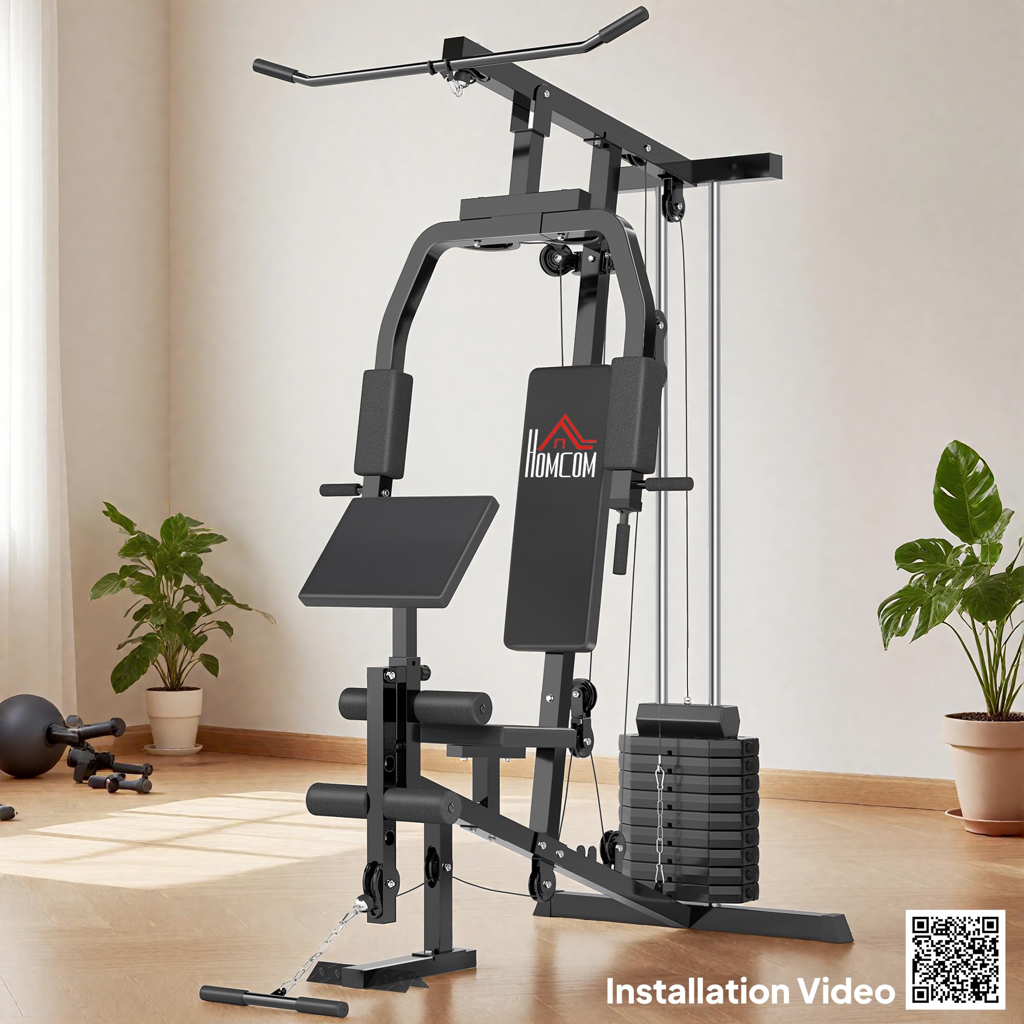 HOMCOM Multiestación Máquina de Musculación con Estribo para Piernas Poleas y Placas de Peso de 45 kg para Entrenamiento Fitness en Hogar Gimnasio 148x108x207 cm Negro