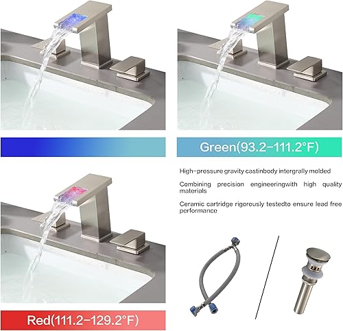 Miniatura 2 de Grifo de baño, grifo de baño de 3 agujeros, grifo de cascada, grifo de tocador de baño, grifo de lavabo de baño para 3 agujeros con luz LED con