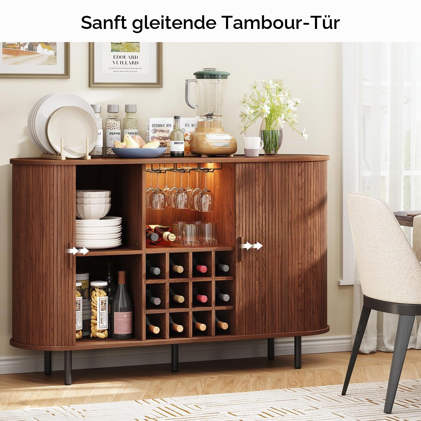 ONBRILL 140 cm Weinbar-Schrank mit LED-Licht, moderne Whiskey-Kaffeestation mit Weinregal und Glashalter, Bauernhaus-Buffet-Sideboard mit Stauraum für Wohnzimmer, Küche, Eingangsbereich (Walnuss)