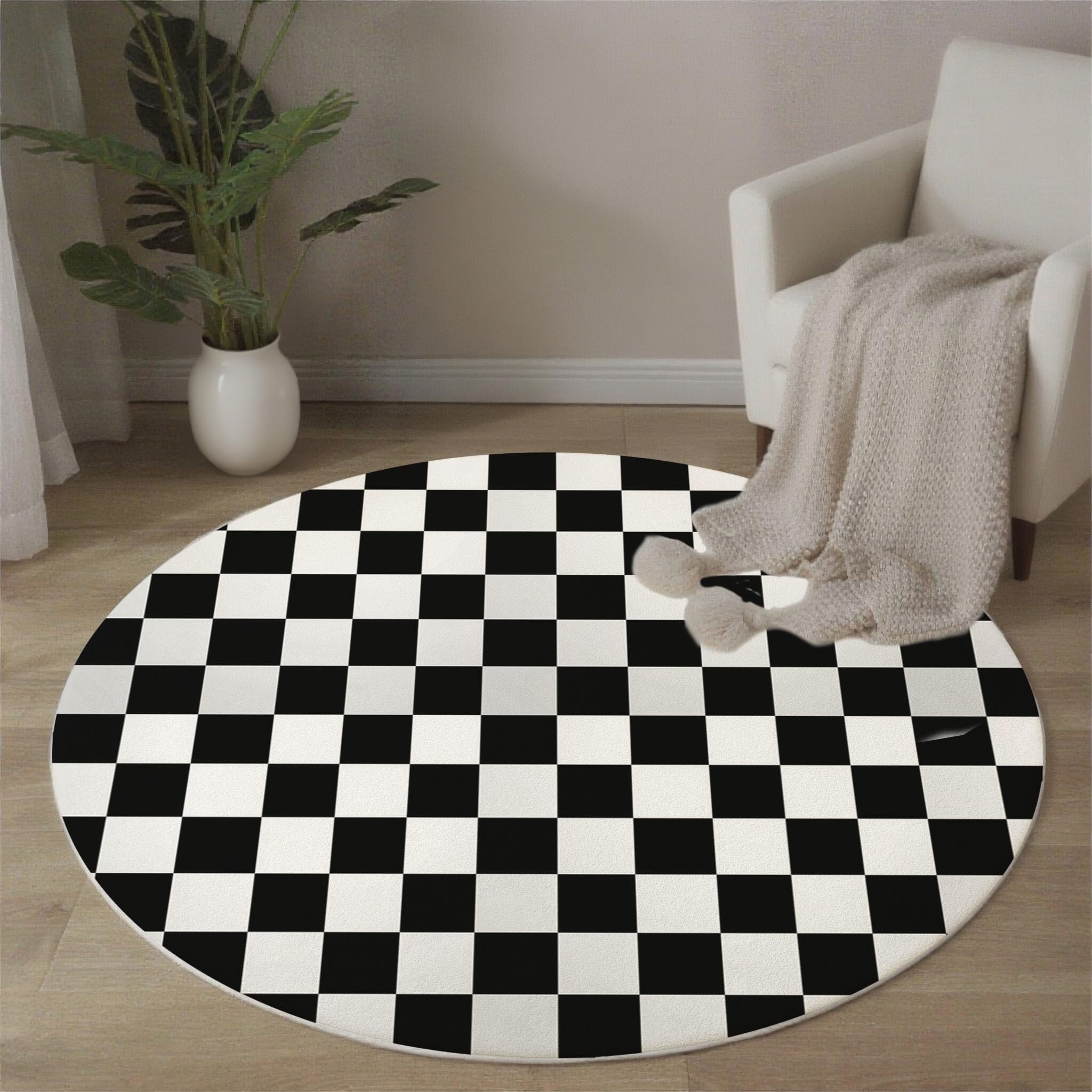 Tapis rond damier noir et blanc 120 cm lavable et antidérapant pour salon