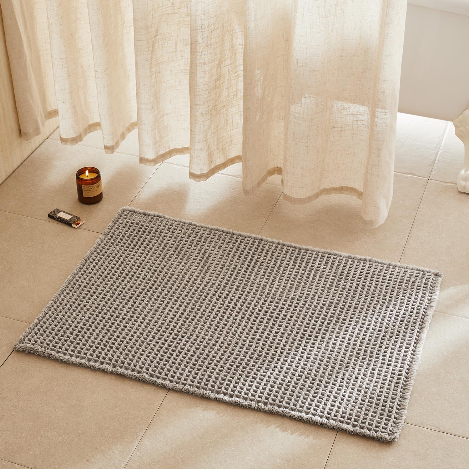 TYUU Waffle Bath Mat, Boho Bathroom Rugs Non Slip, 36x24 Light Grey