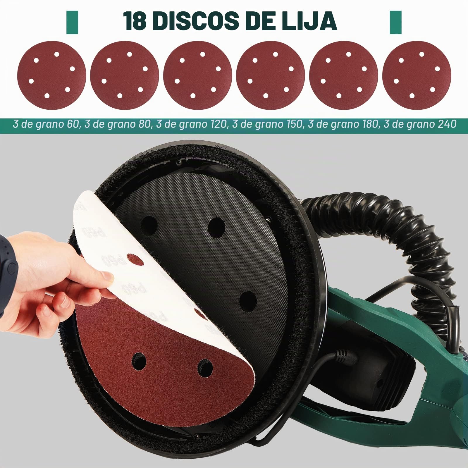POSENPRO Lijadora de Pared Eléctrica 810W 500-2100 RPM, con 5 Velocidades Ajustables, 18 Unidades de Papel de Lija, Mango Extensible Plegable, Sistema Automático de Recolección de Polvo, Luz LED