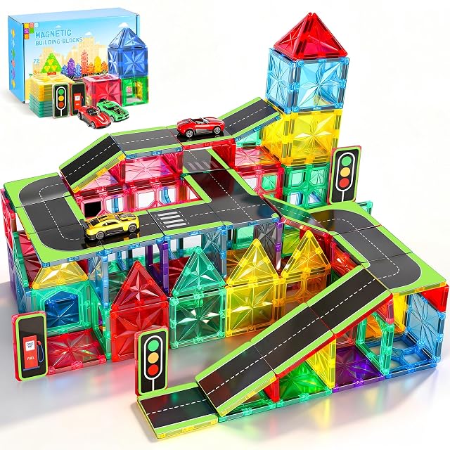 Perbabe 72 Piezas Bloques Magneticos Construccion Niños, Construcciones Magneticas Niños Juguetes Niñoss Caminos de Ciudad con 2 Coches para Niño 3 4 5 6 7 8 Años Regalos de cumpleaños y Navidad