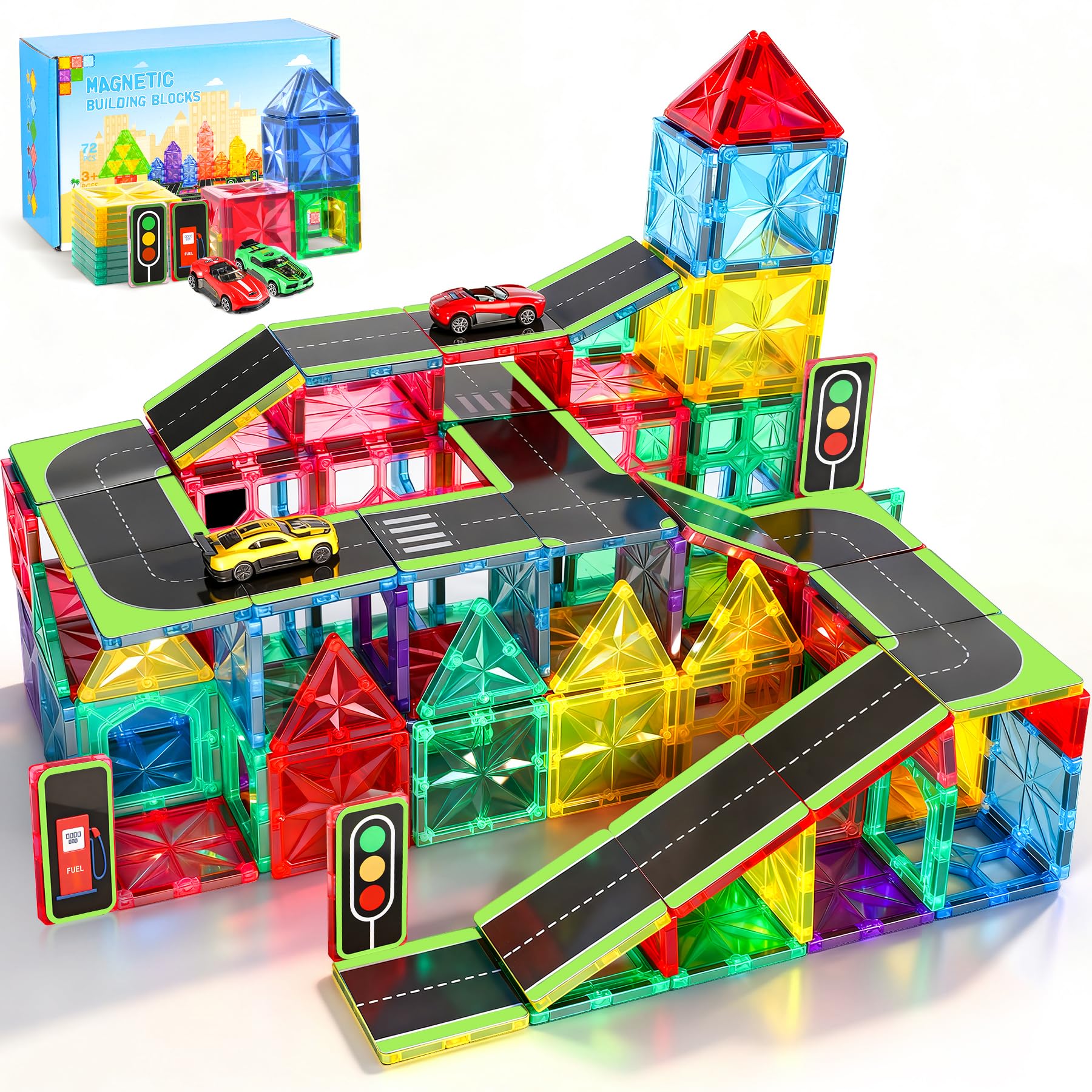Perbabe 72 pezzi Costruzioni Magnetiche Giochi Bambini, Più forte Costruzioni per Bambini con Topper Stradali e Auto Tessere Magnetiche per Natale, Compleanno Regalo Bambino 3 4 5 6 7 8 anni