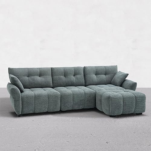 Homsee 110.2" Modular Sectional Boucle Sofa, 4-Seat Tufted Cloud Couch with Ottoman, Plush Boucle Fabric Couch with Wood Frame & Metal Base, Deep Seat Sleeper Sofa for Living Room, Teal Grey