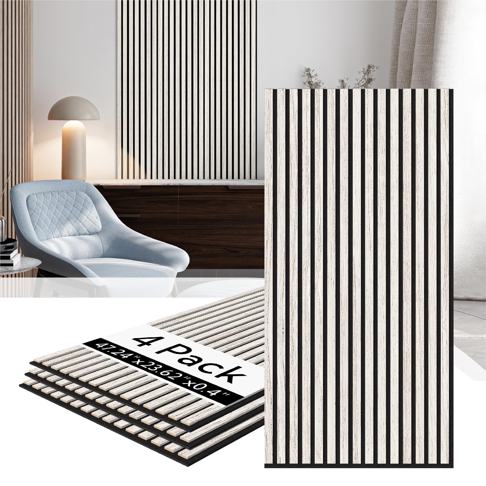 View 1 of ***missing 1 panel***Olanglab Wood Slat Wall Panels 4 Pack, Acoustic Wall Panels, 47.24'' x 23.62" Each 3D Wall Panels for Interior Wall Decor (White)