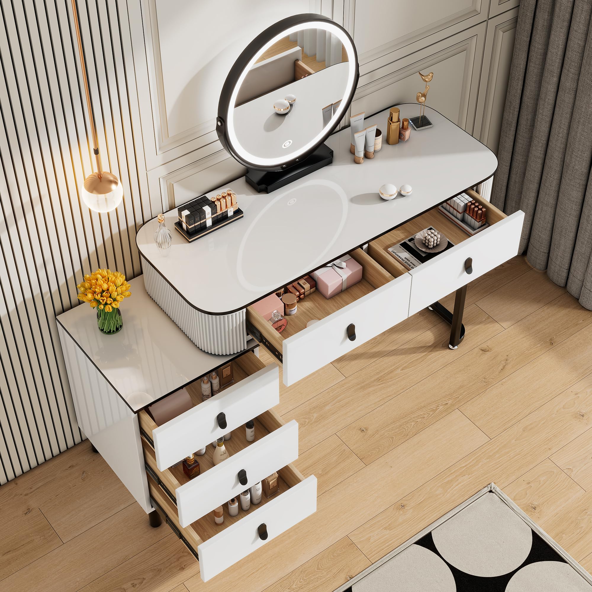 WOLTU Schminktisch mit Spiegel LED & Beleuchtung, 3 Lichtfarben, Moderner Frisiertisch mit 5 Schubladen, 2-in-1 Schreibtisch, Flexibler Unterschrank, für Schlafzimmer, auz Holz, in Weiß+Schwarz