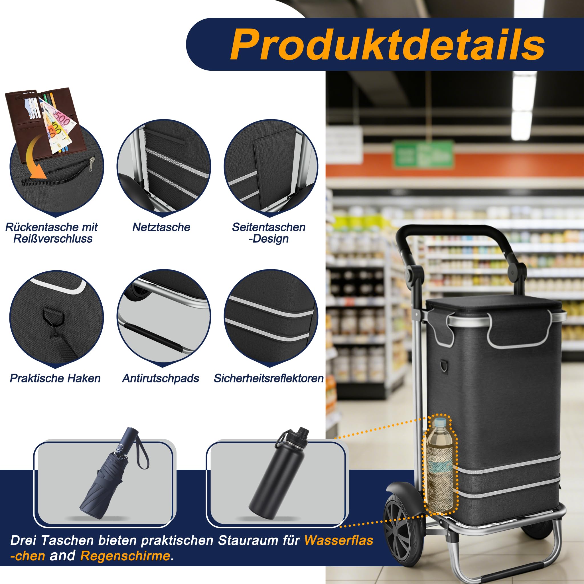 LARS360 Einkaufstrolley Faltbar mit Kühlfach 56L Einkaufswagen aus Aluminium 3 in 1 Trolley & Sackkarre & Umhängetasche 30kg Belastbar 3 Räder Treppensteiger für Einkauf Reisen Haushalt - Schwarz