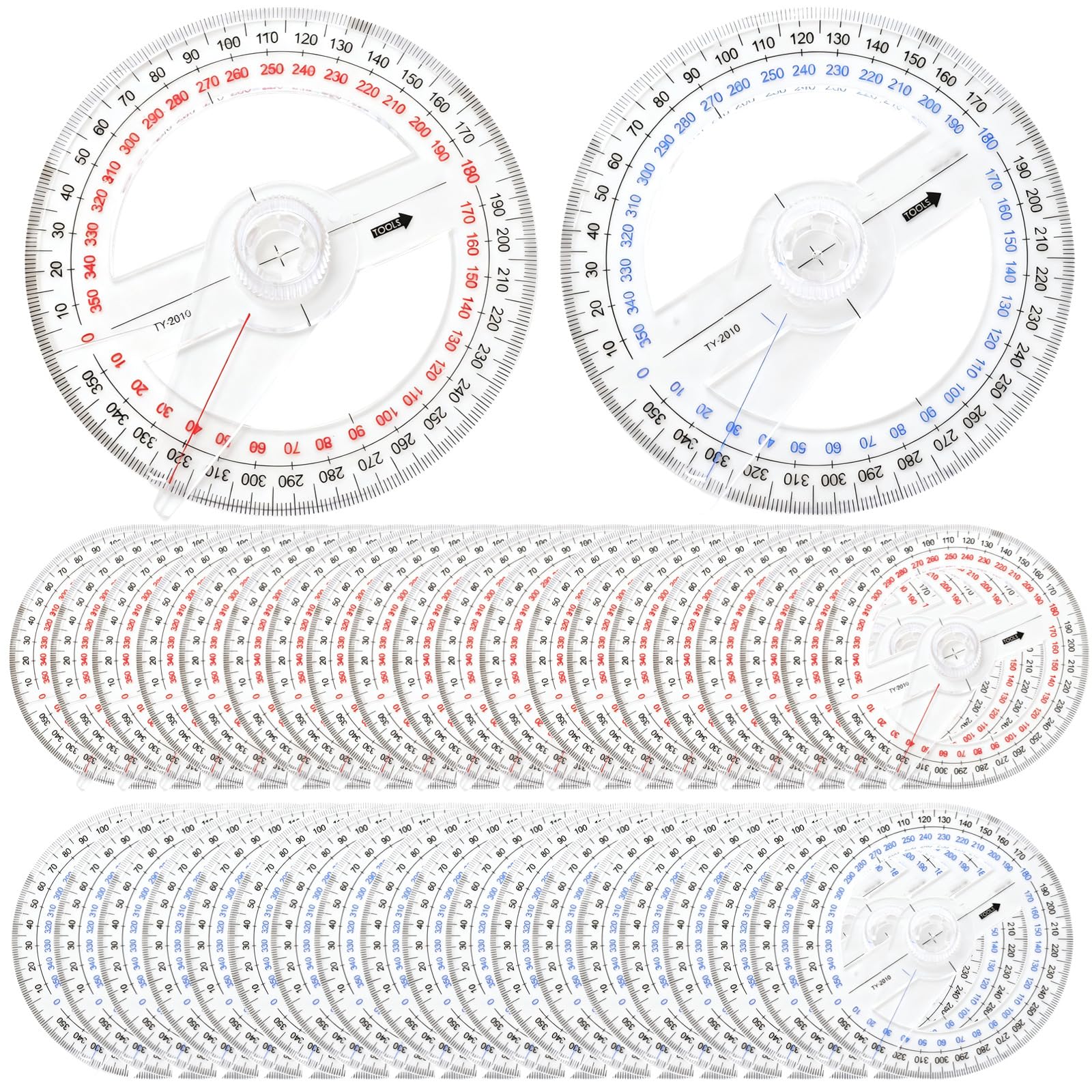 30 Stk. 360-Grad-Winkelmesser-Set, 9,2 cm runder Kunststoff-Winkelmesser, Mathe-Winkelmesser für den Unterricht, Doppelskala, rot und blau, zum Zeichnen und Gestalten für Schüler