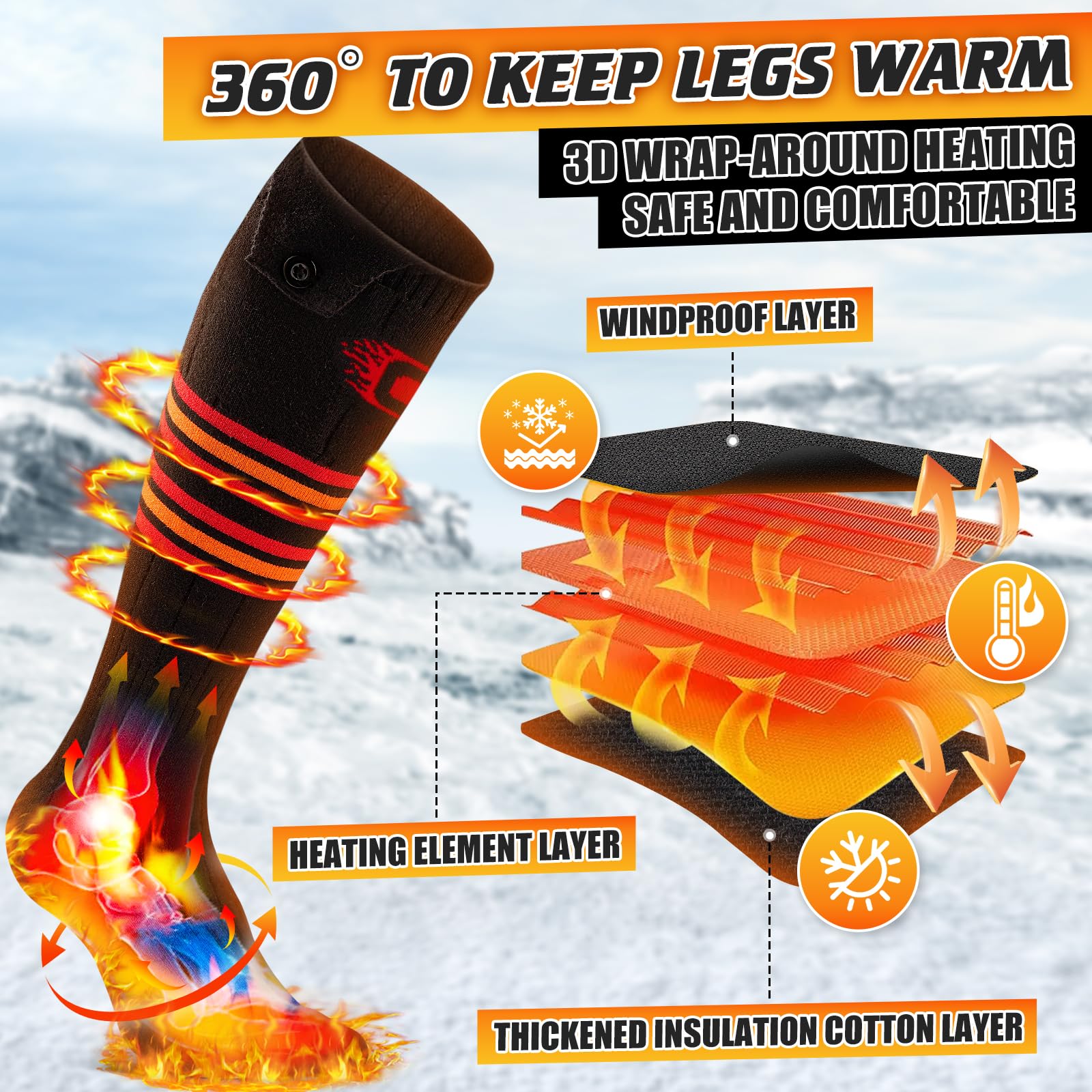 Chaussettes chauffantes pour Homme et Femme - 5 V 5000 mAh - Alimentées par Batterie Rechargeable - Jusqu'à 10 Heures - Lavables - Chaussettes Thermiques d'hiver pour Le Travail en Plein air, Le Ski,