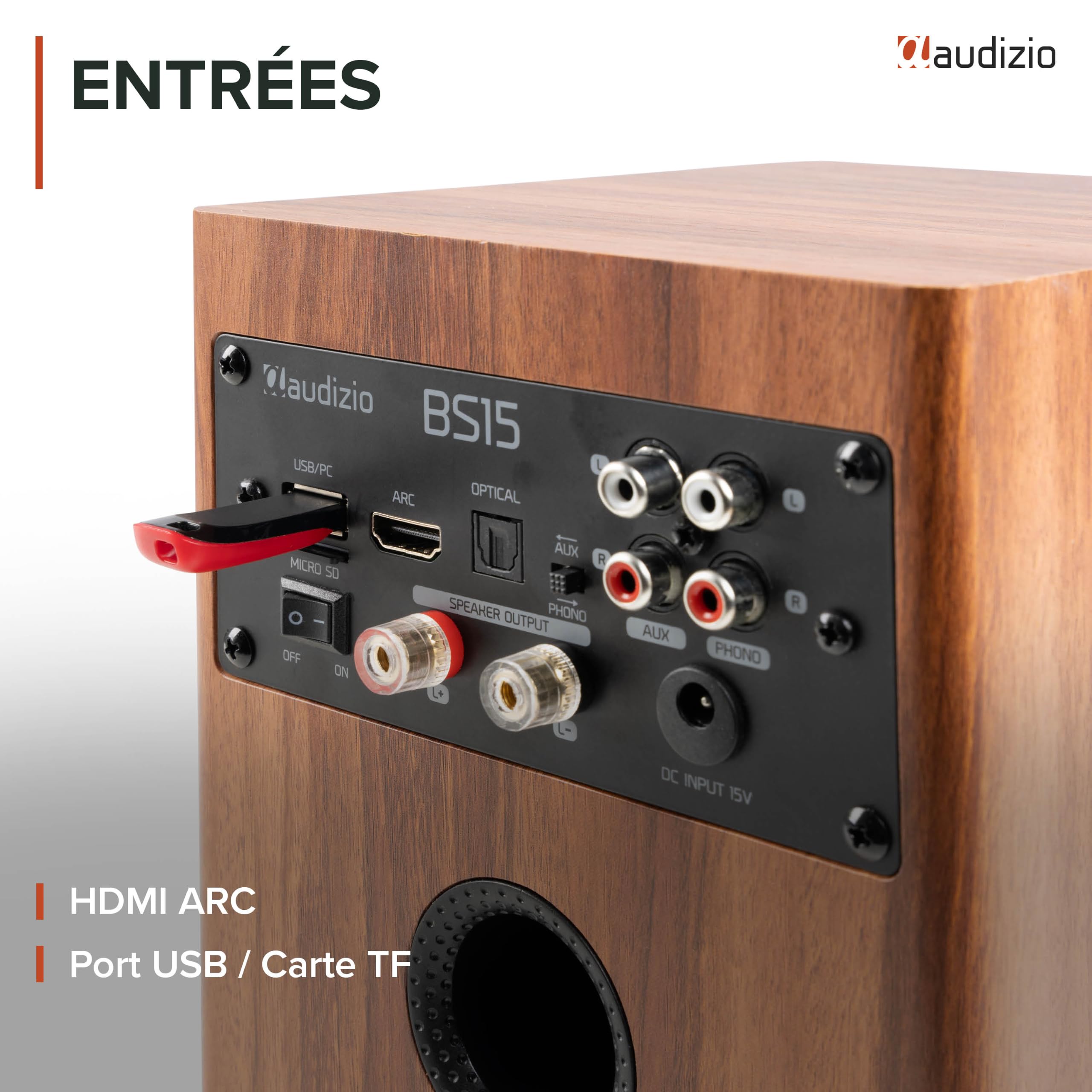 Audizio BS15 Enceintes Bibliothèque BT Actives 60W HiFi avec HDMI Arc Merisier