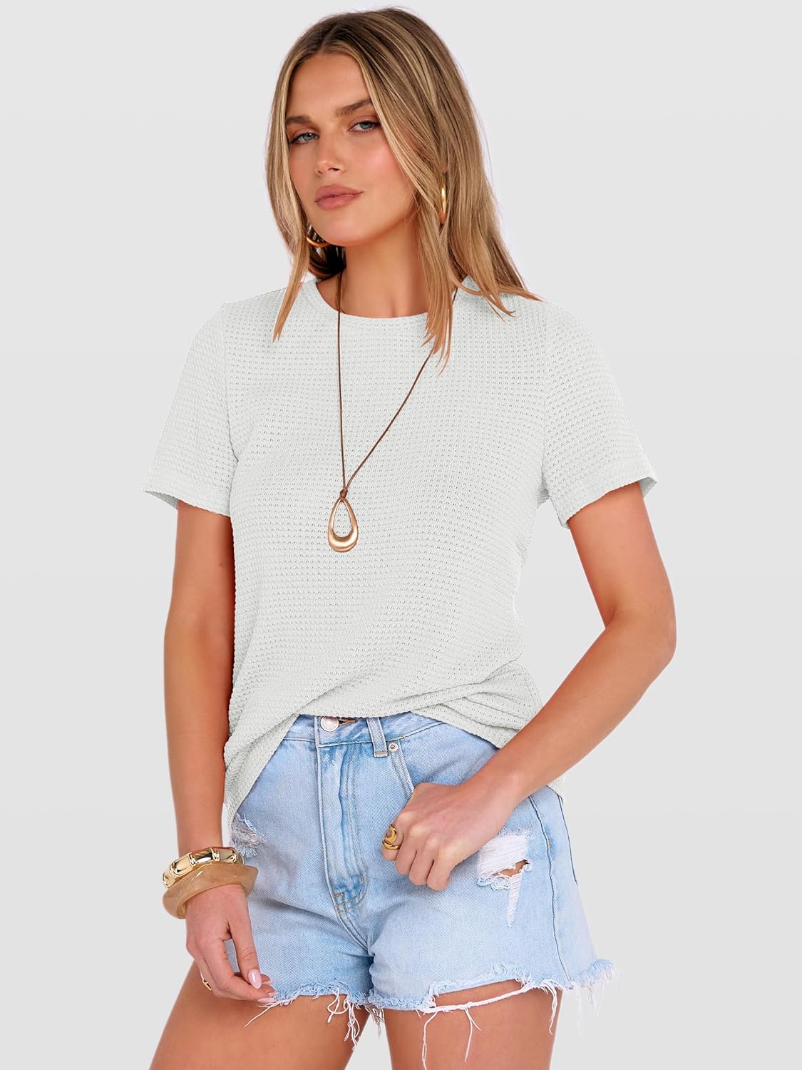 ANRABESS Women's Summer Waffle Knit Tops Crew Neck Short Sleeve Casual Trendy Shirts Basic Tee Blouses 2026 Spring Outfits - Image 4