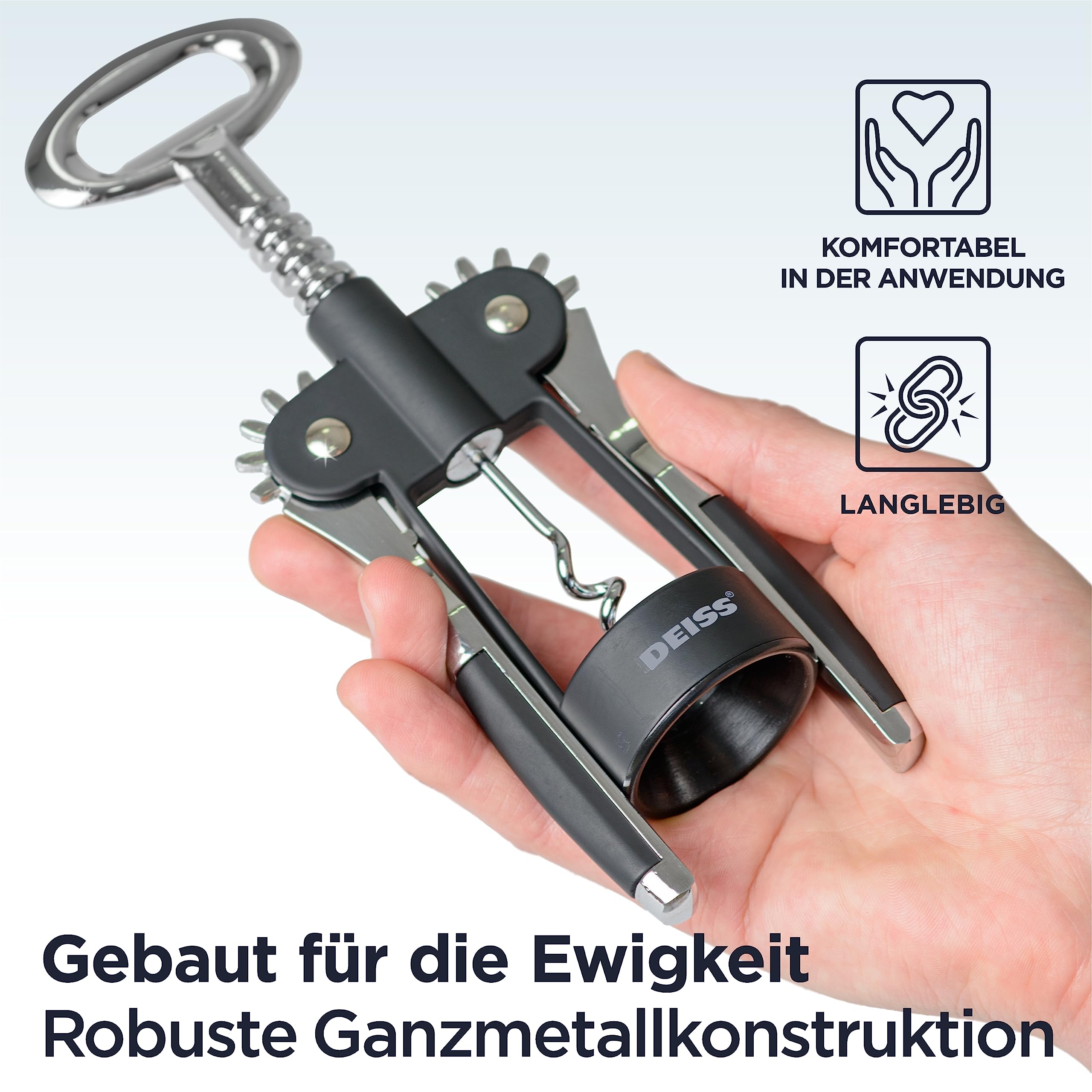 Deiss PRO Wing Korkenzieher-Weinöffner – 2-in-1-Weinkorkenzieher und Bieröffner – Die einfachste Art, Weinflaschenkorken zu öffnen – Zuverlässiger und stabiler Weinöffner – Weinflaschenöffner