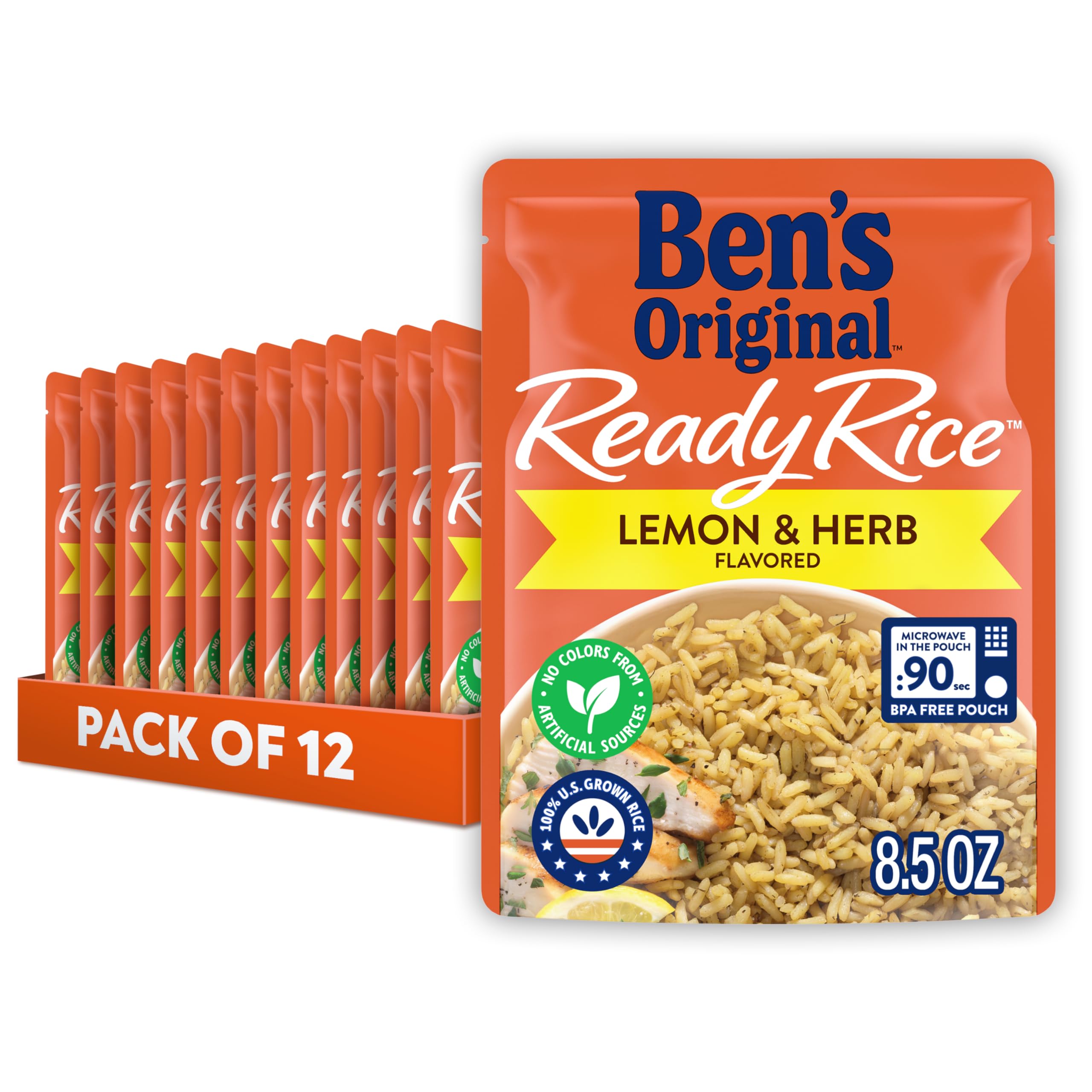 BEN'S ORIGINAL READY RICE™ Lemon and Herb Flavored Rice, Easy Dinner Side, 8.5 oz Pouch (Pack of 12)