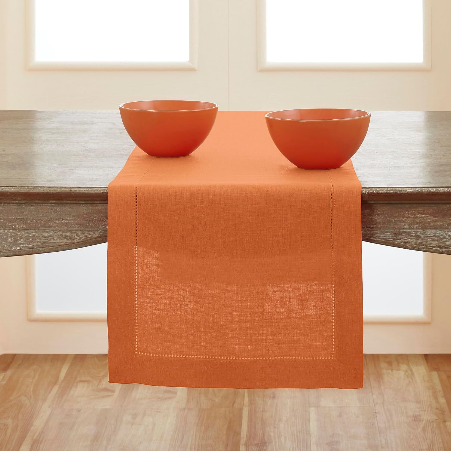 Solino Home Linen Hemstitch Table Runner 108 Inches Long - 100% Pure Linen Pumpkin Table Runner 14 x 108 Inch - Classic Hemstitch