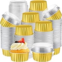 Vista 10 de Gejoy 400 Piezas Moldes de Papel de Aluminio para Hornear con Tapas 5 oz Moldes Desechables Ramekins Mini Moldes para Pasteles Crème Brûlée Moldes