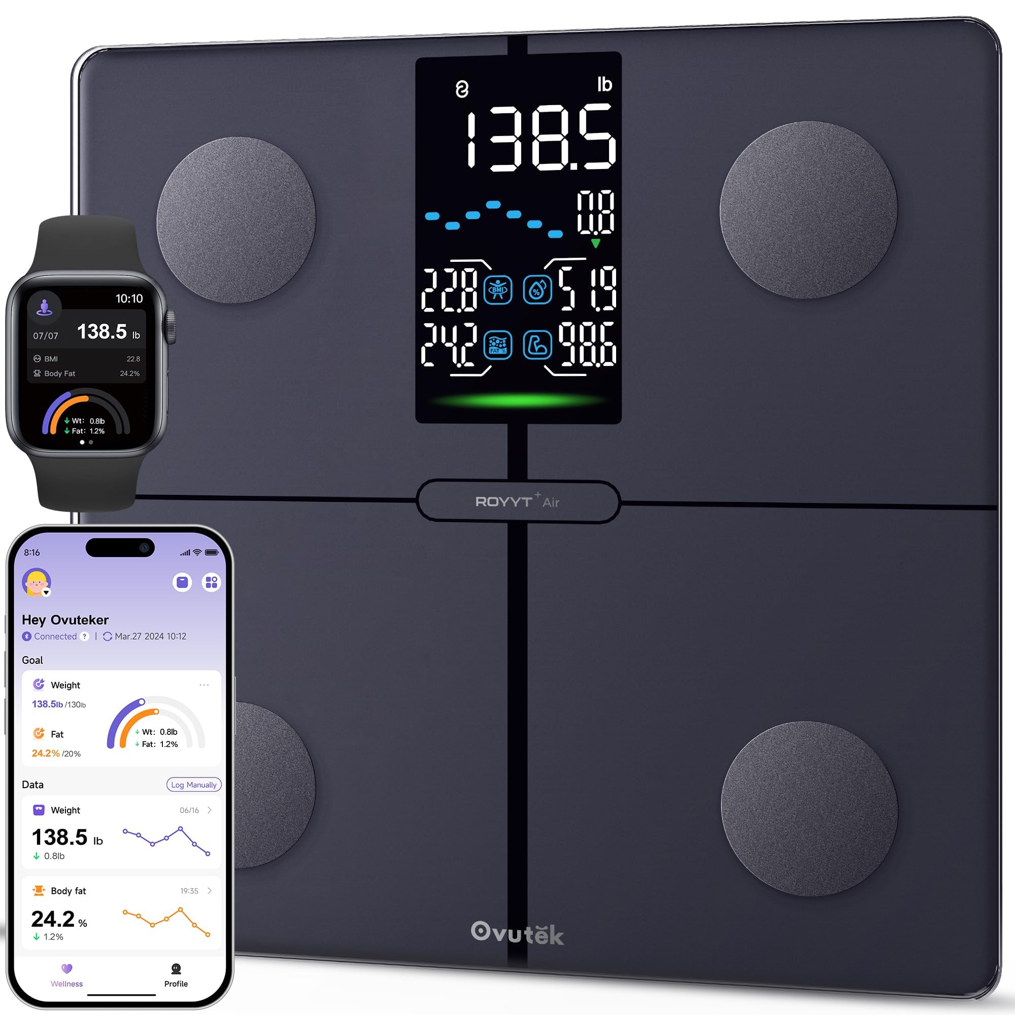 Ovutek Smart Scale for Body Weight, Professional Bathroom Digital Scale with BMI, Body Fat, Muscle Mass, Most Accurate to 0.05lb, Large Display High Accurate Body Composition Machine with Fitness App