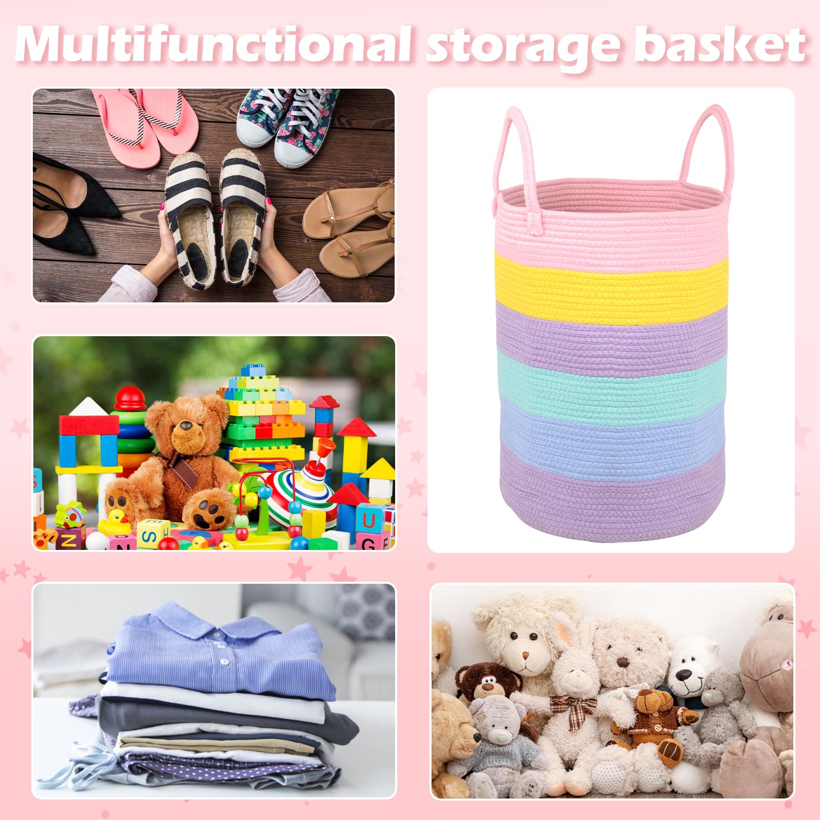 Caossuixin Rainbow Baby Laundry Basket, 38x50cm(56L) Extra Large Woven Cotton Rope Basket, Blanket Basket with Handle - Image 3