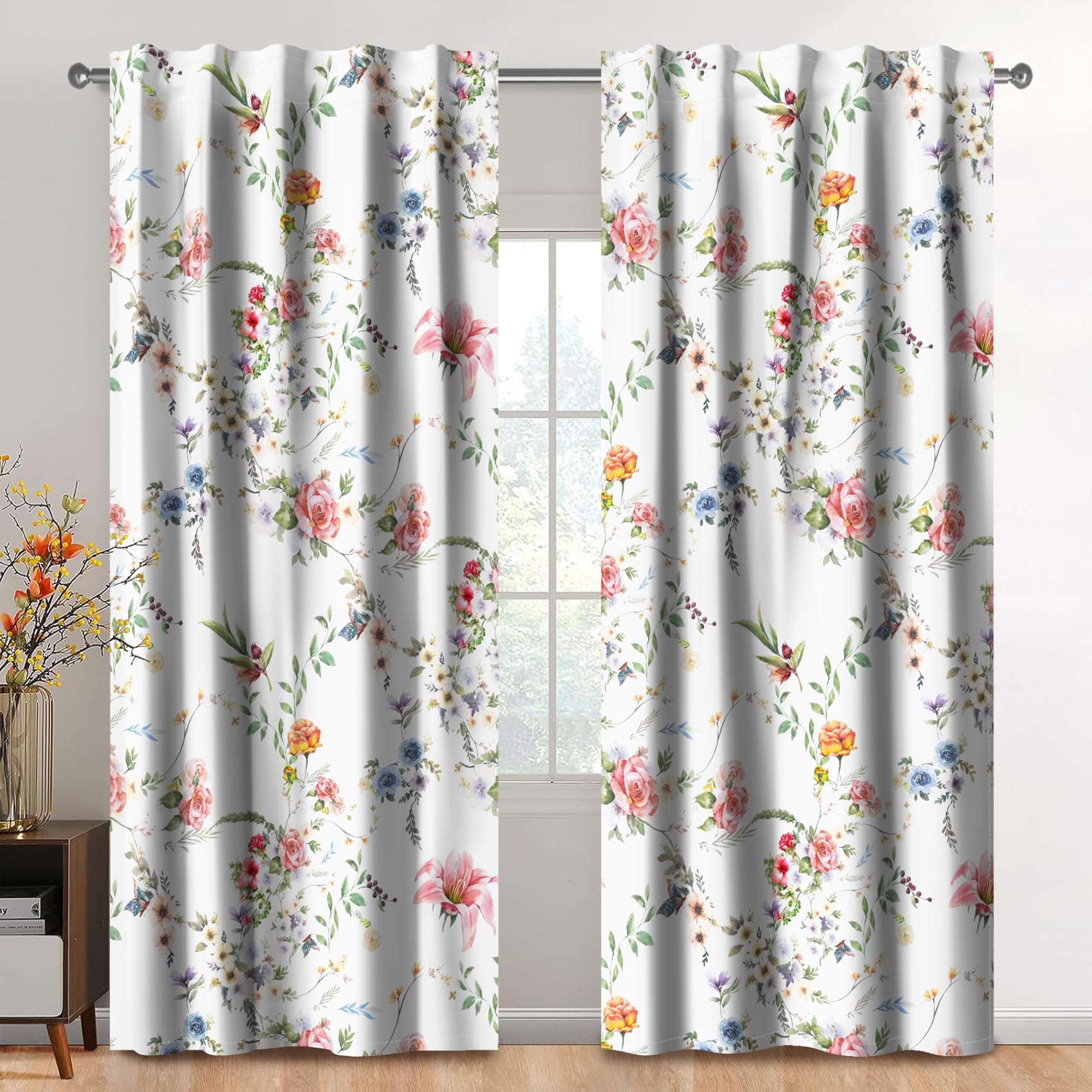 Kzzfqxb 2 Panels 107x160cm Floral Curtains, Botanical Red Blue Flowers Roses Green Leaves Rod Pocket Window Drapes for Girls Bedroom Living Room Elegant Decor