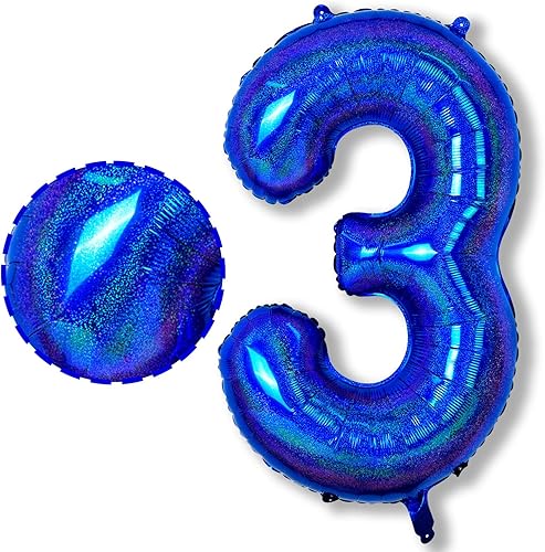 Miniatura 1 de Globo azul rey de 3er cumpleaños, globos de aluminio azul oscuro número 3, globos autoinflables azul marino iridiscente de 40 pulgadas, globos azul