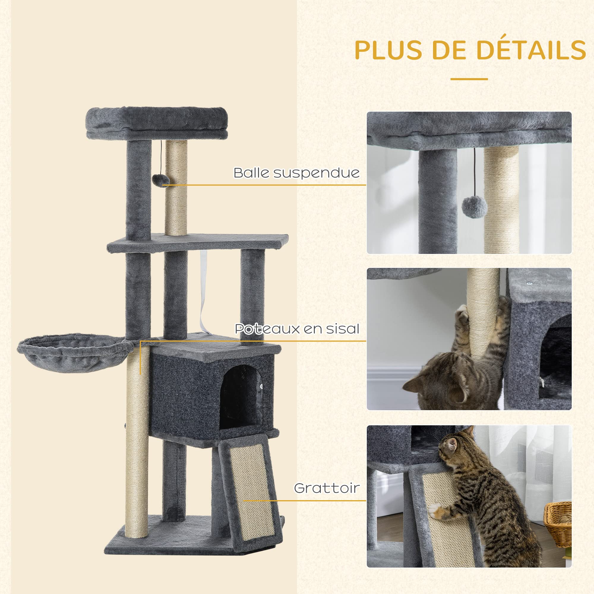 PawHut Arbre à Chat Hauteur 90 Cm, Tour De Jeux Pour Chats