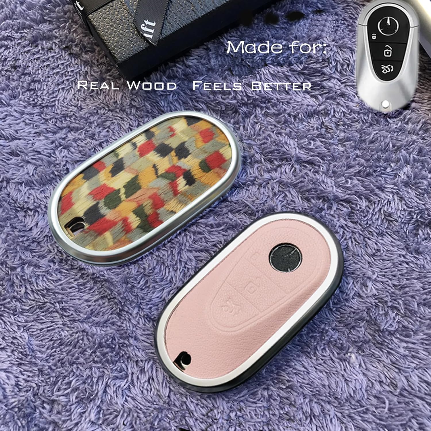 Compatible with Mercedes Benz Key case Key fob Cover Real Wood Veneer Genuine Leather Key Fob Shell Gift C GLC E S ect 2022-2023-newer (Walnut, White Leather)