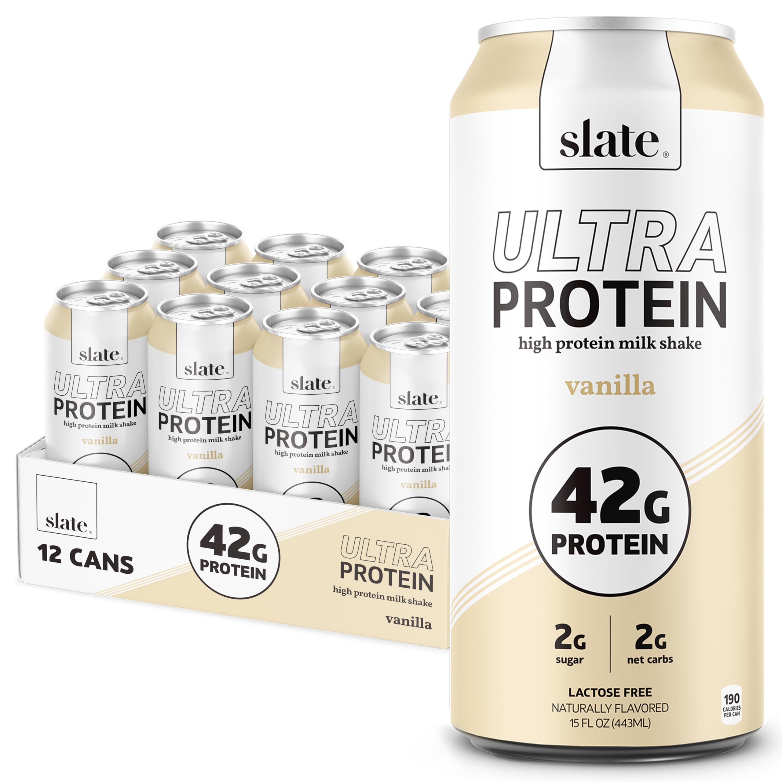 Slate Milk - Ultra High Protein Shake - Vanilla - 42g Protein, 2g Sugar, 190 Calories, 2g Net Carbs - Lactose Free - No Added Sugar, No Seed Oils - Breakfast Boost, Post Workout - 15 fl oz, 12 Cans