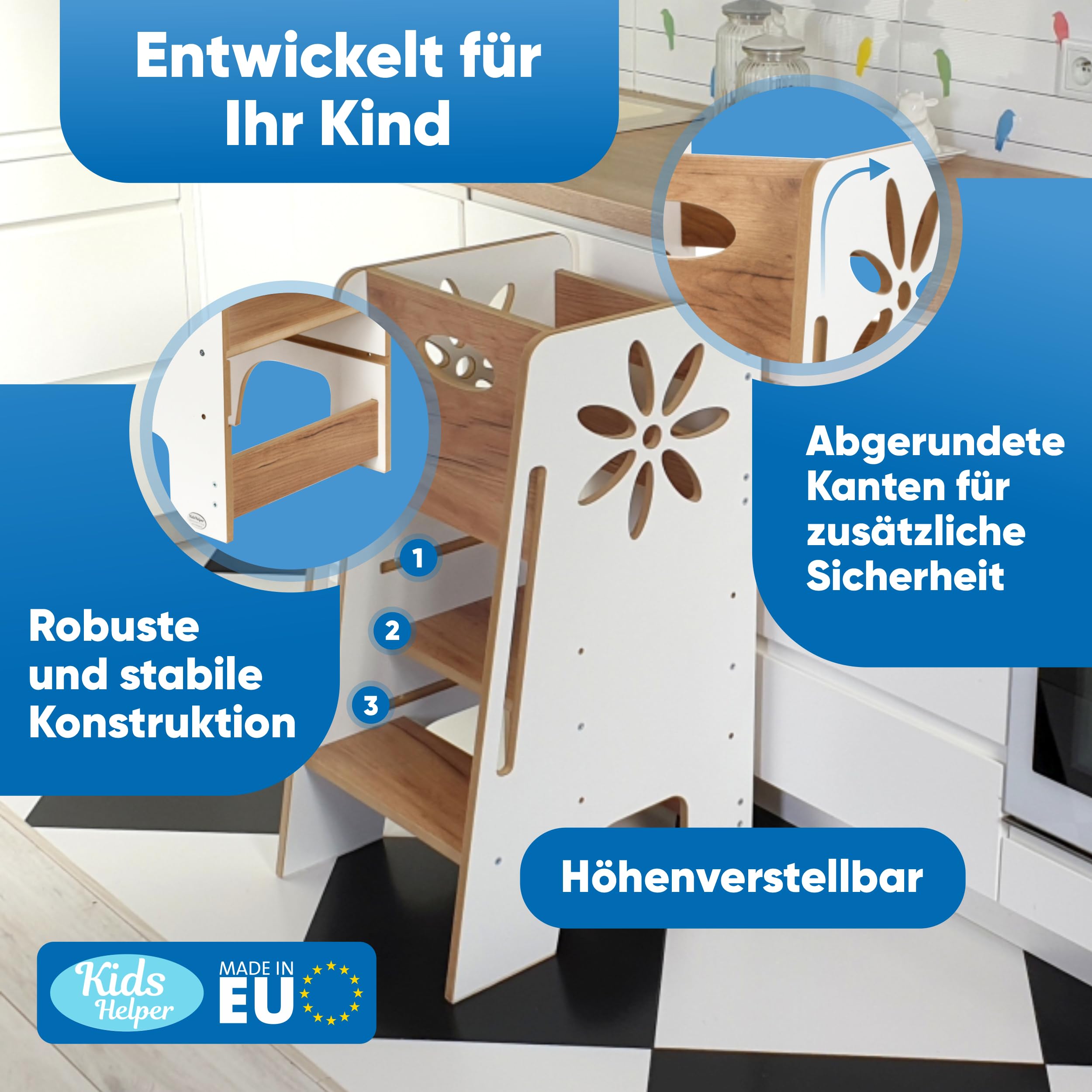 Kitchen Kids Helper Lernturm ab 1 Jahr - Höhenverstellbarer Lernturm Montessori Weiß und Eich 80cm - Sicherer Learning Tower für Kinder - Ideal für Küche & Bad - Stabile Konstruktion -Leichter Aufbau