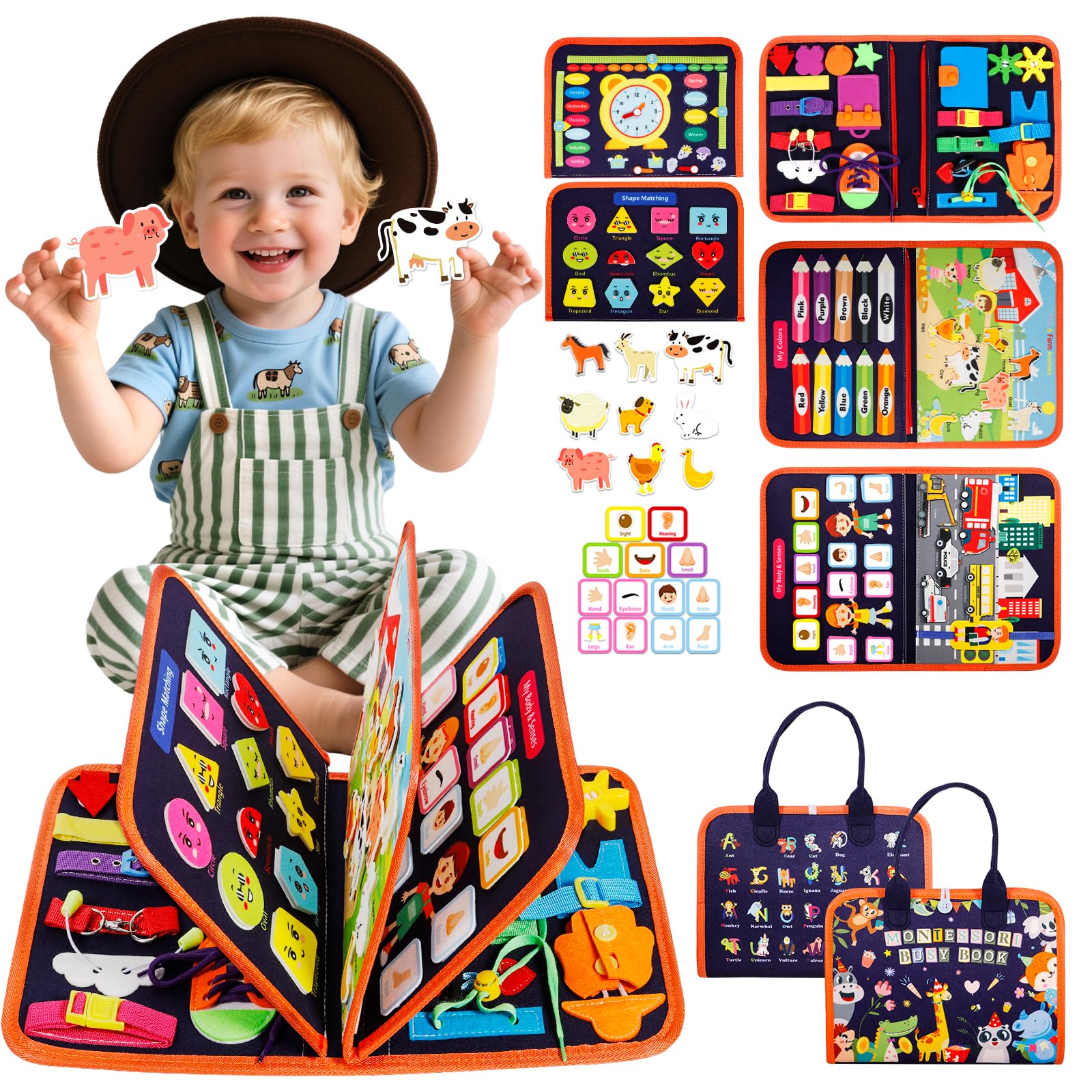 Busy Board, Juguetes Montessori, Libro Montessori de Fieltro, Tablero Sensorial Portátil, Motricidad Fina Juguetes Regalospara Niños y Niñas 1 2 3 4 años
