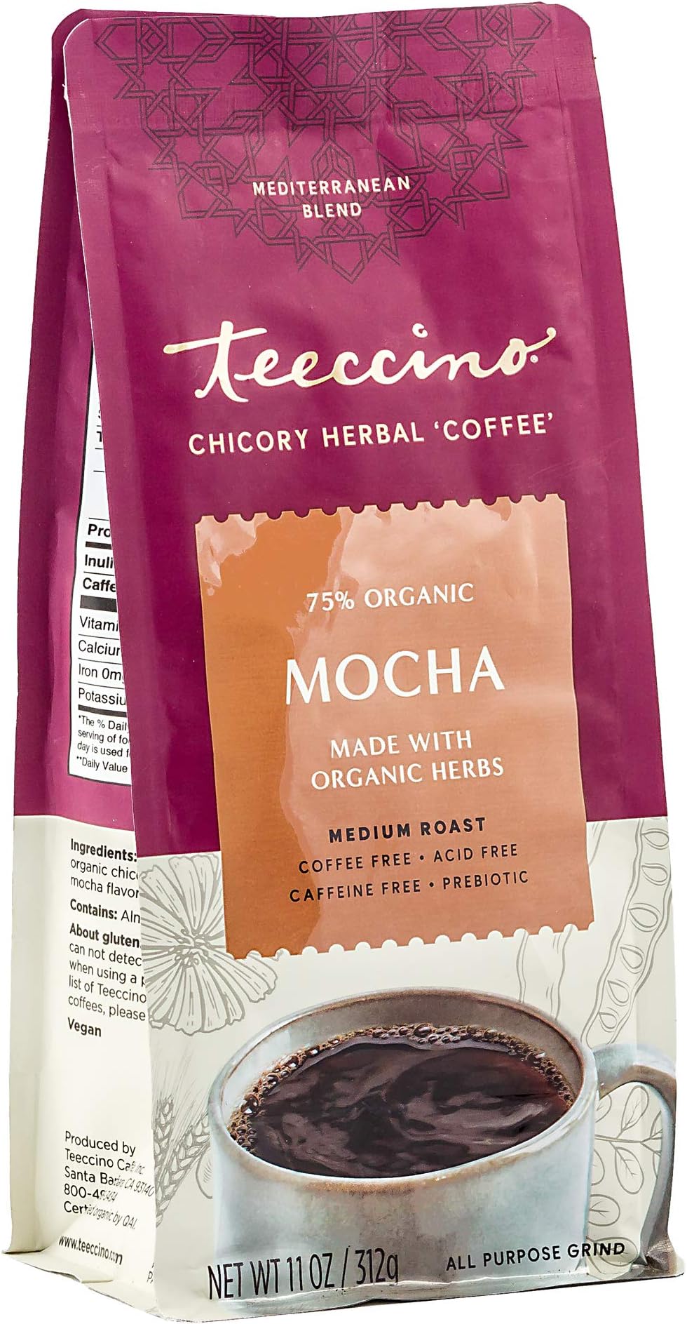 Mocha Chicory Herbal Coffee Alternative, Caffeine Free, Acid Free, Coffee Substitute, Prebiotic, 11 Ounce