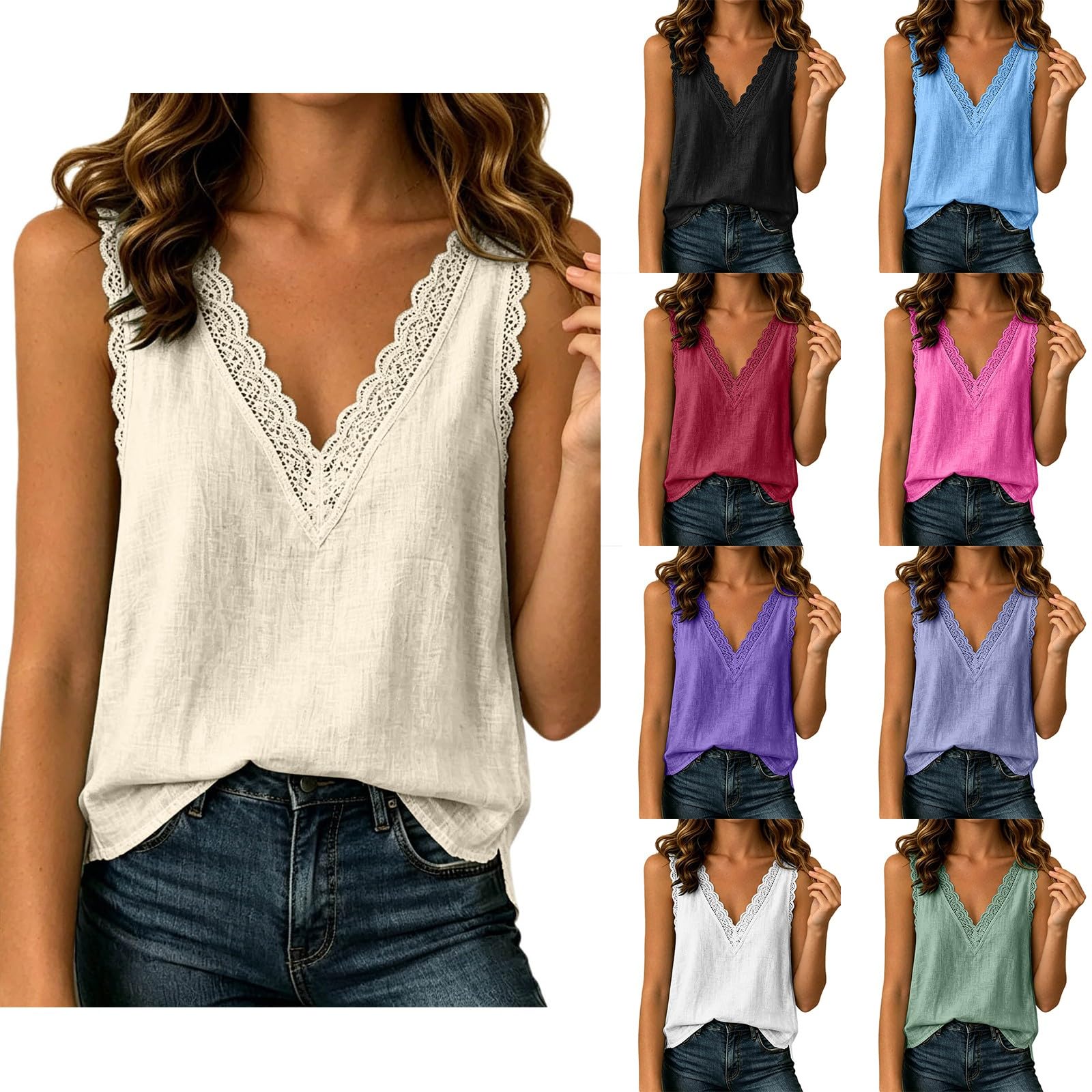 Bluse Damen Top Sommer Blusetop Baumwolle Leinen Blusen Sommerbluse - V Ausschnitt Trägershirt Musselin Sommertop Leicht Und Luftig Damentop Ärmellose Strandbluse Frauen Achselshirt Strand Trägertop
