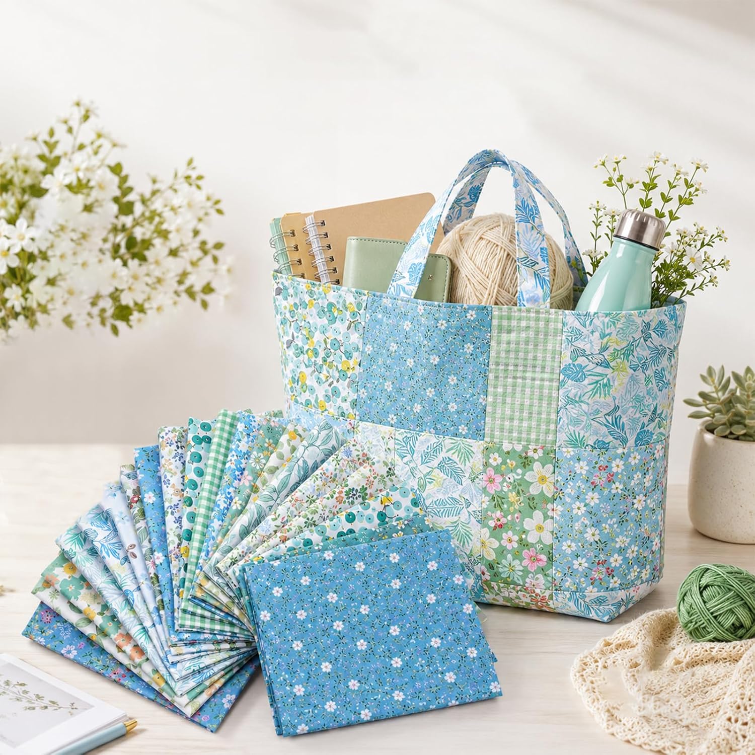100 Pcs 10 x 10 Inch Green Floral Cotton Fabric Squares for Quilting Sewing