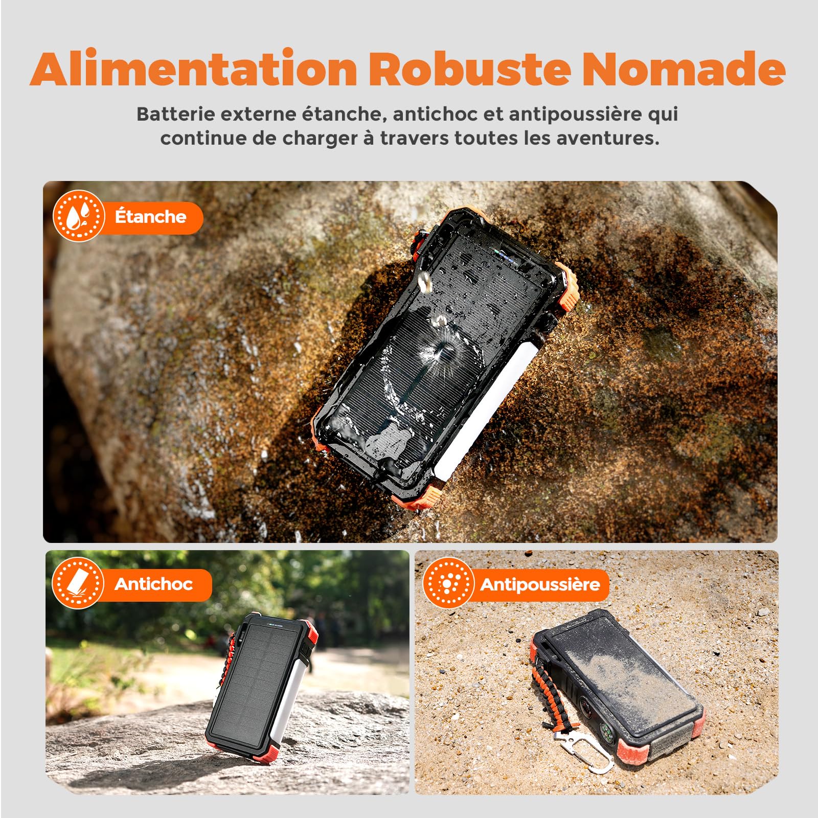 BLAVOR Chargeur Solaire avec Câbles Intégrés 20000mAh Batterie Externe Solaire 20W USB C Battery Pack avec Lampe Camping, Lampe Poche pour Téléphones Portables, Charge sans Fil pour Apple Watch
