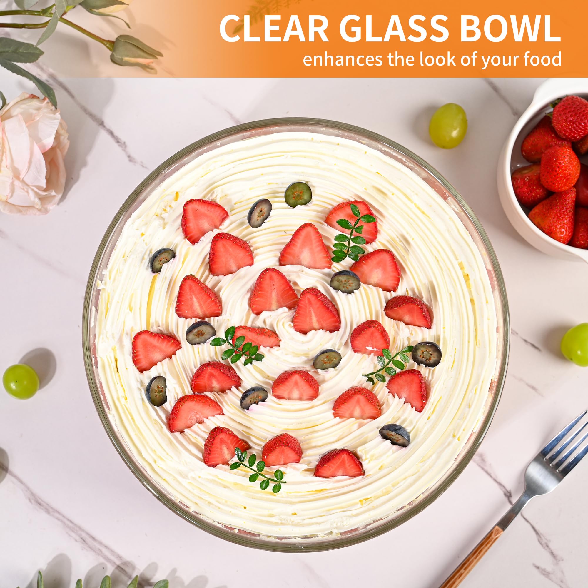 Cuenco grande de vidrio de 5,528.2 g, cuenco grande de 9.8 pulgadas con tapa, cuenco de vidrio transparente para servir ensalada para colocar pasteles de helado, cupcakes, ensaladas, frutas,