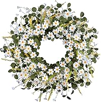 Vista 1 de Corona de primavera de margaritas artificiales de 24 pulgadas con hojas verdes de eucalipto, corona de granja para puerta delantera, pared y Blanco