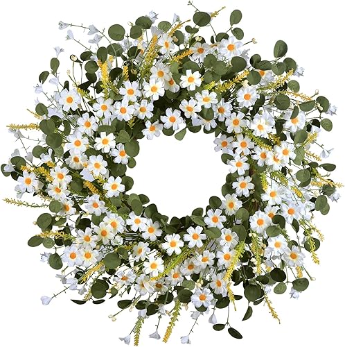 Corona de primavera de margaritas artificiales de 24 pulgadas con hojas verdes de eucalipto, corona de granja para puerta delantera, pared y Blanco