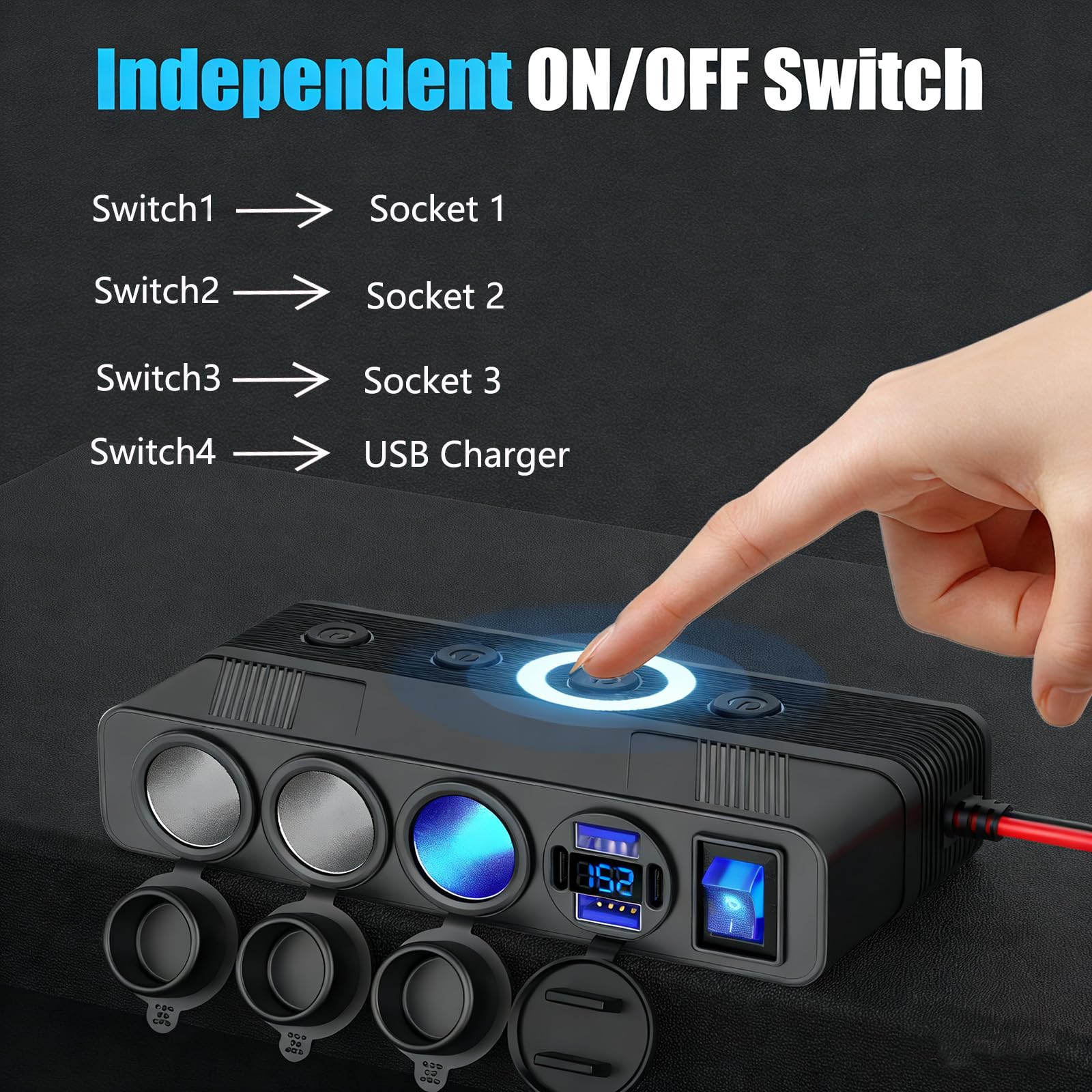 12V Cigarette Lighter Splitter with 10FT/3M Cable, 180W Car Charger Socket Multi 4 USB Port Adapter with LED Display Master and Independent Switch, 12 Volt Power Outlet Plug with Eyelet Terminal - 4