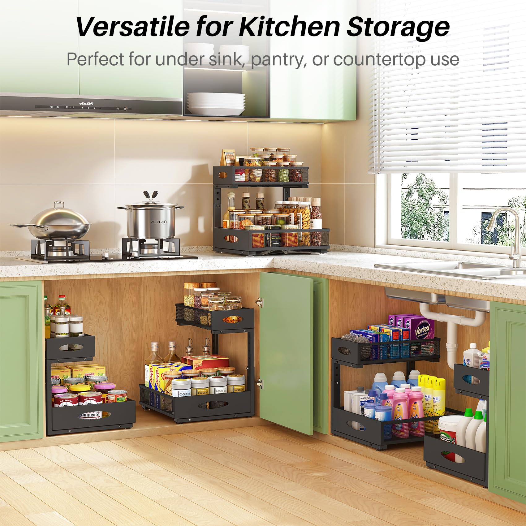 Kitstorack Organizador Bajo Fregadero Extraíble de 2 Niveles, Pack de 2, Cestas de Malla de Gran Capacidad, Estante Ajustable en Altura con Diseño en L para Cocina, Baño y Lavandería, Negro