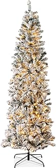 Best Choice Products Flocked Pencil Christmas Tree, Pre-Lit Slim Artificial Holiday Decoration, 12ft Lighted Skinny w/Base, Warm White Lights