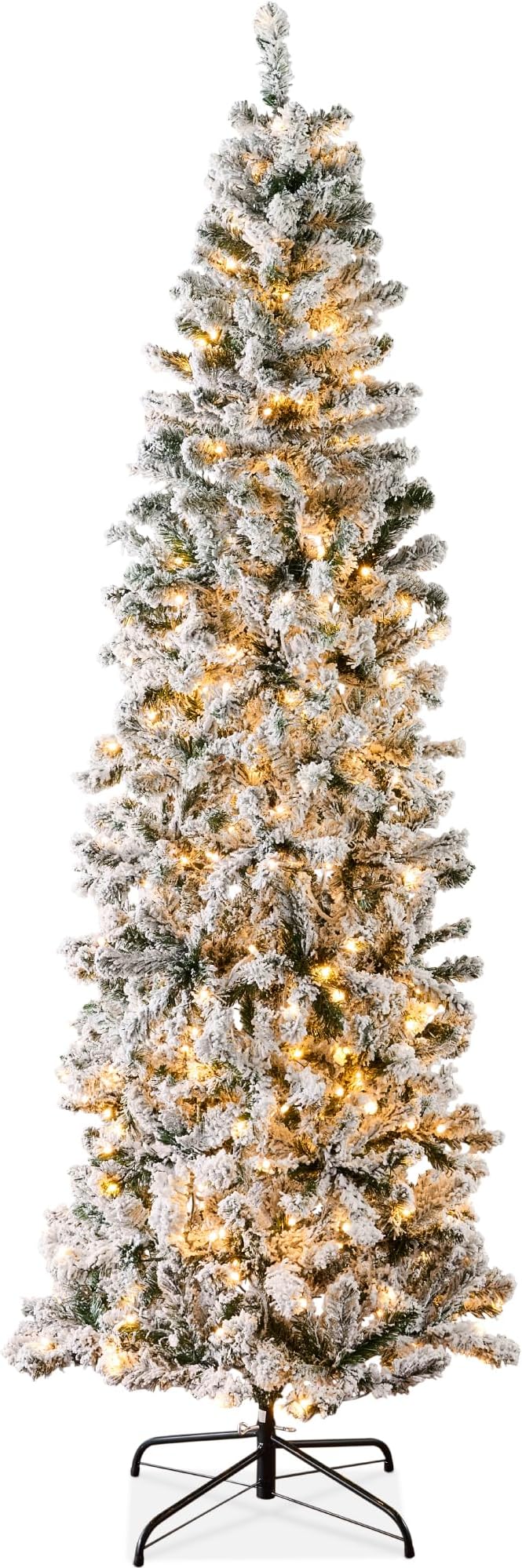 Flocked Pencil Christmas Tree, Pre-Lit Slim Artificial Holiday Decoration, 12ft Lighted Skinny w/Base, Warm White Lights