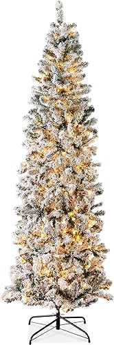 Miniatura 17 de Best Choice Products Árbol de Navidad flocado de lápiz, preiluminado delgado de 12 pies, decoración navideña artificial 2 en 1, luces blancas