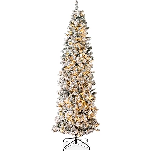 Best Choice Products Flocked Pencil Christmas Tree, Pre-Lit Slim Artificial Holiday Decoration, 12ft Lighted Skinny w/Base, Warm White Lights