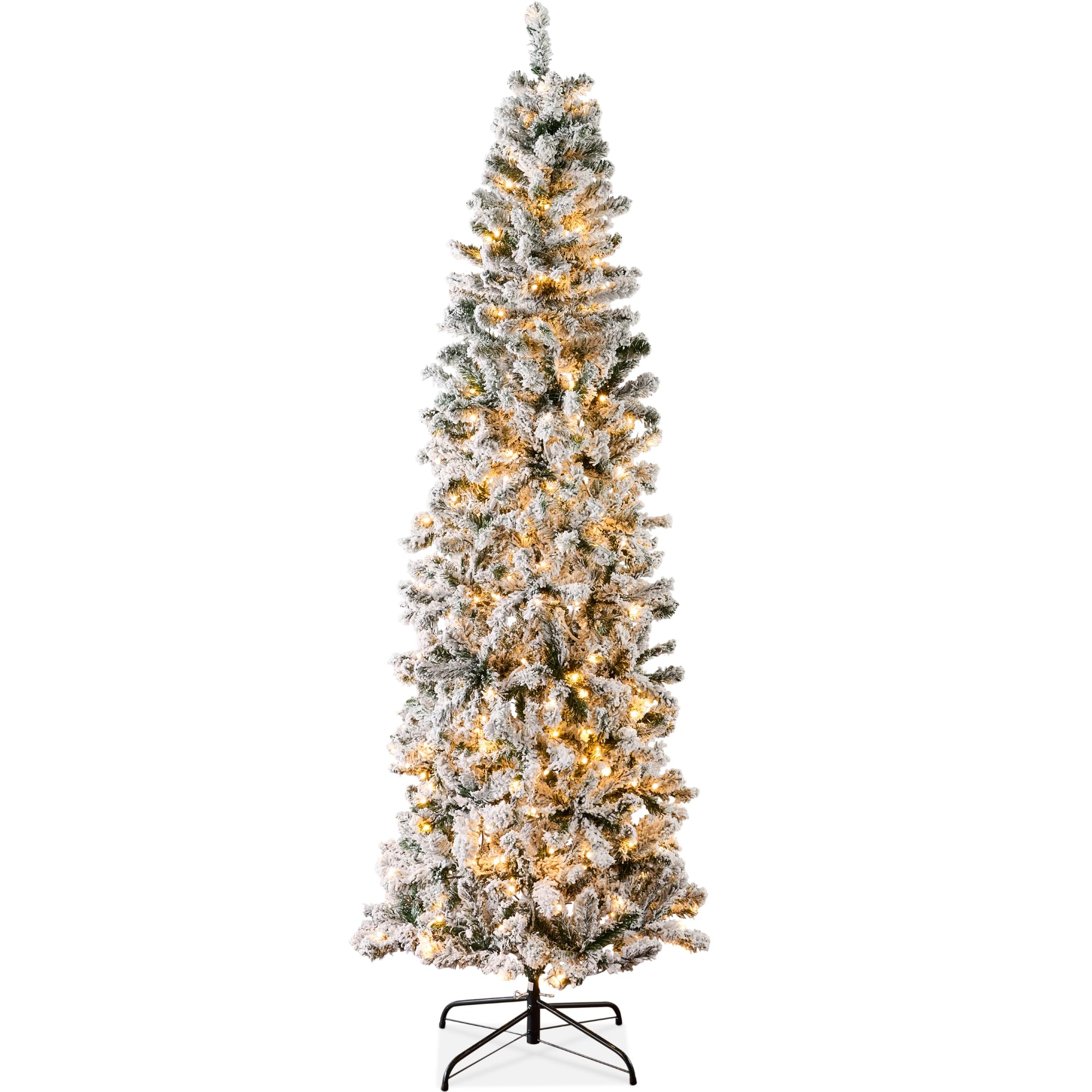 Best Choice Products Flocked Pencil Christmas Tree, Pre-Lit Slim Artificial Holiday Decoration, 9ft Lighted Skinny w/Base, Warm White Lights