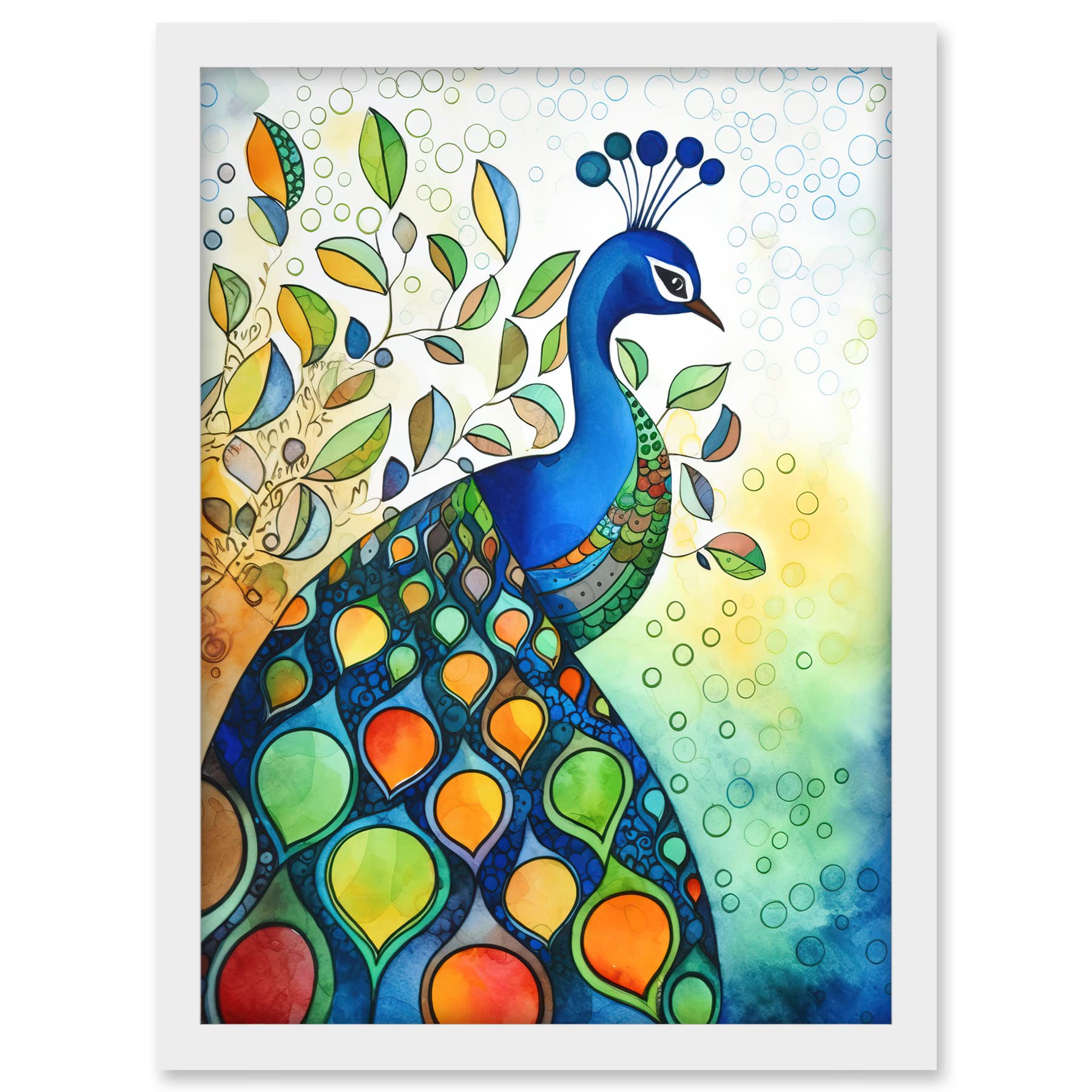 Artery8 Peacock Bird Folk Art Watercolour Painting Artwork Framed A3 Wall Art Print