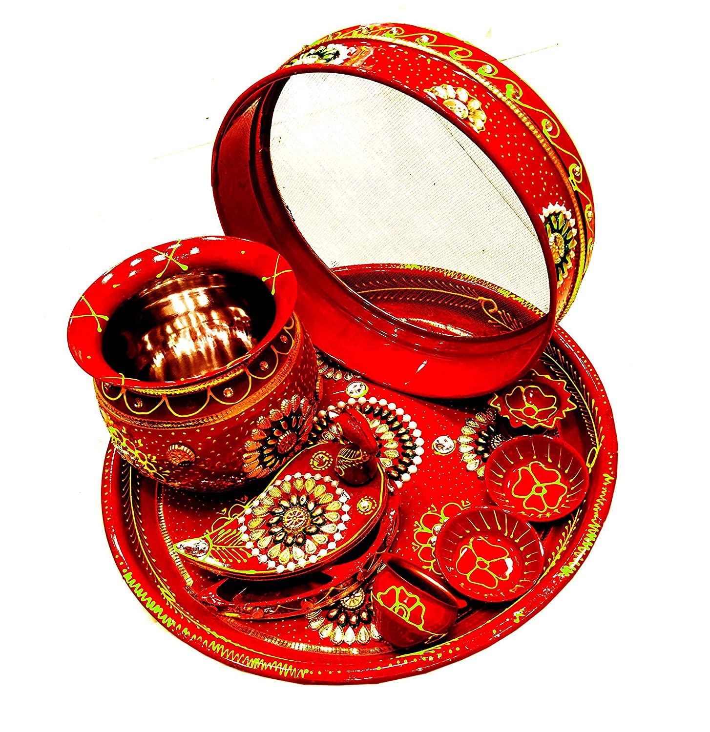 CLUZE Decorative Red & Golden Steel Karwachauth Thali Set - Karwachauth Puja Stainless Steel Thali Set - Channi, Lota, Diya, Bowls, Kalash & Kumkum Box for Festivals, Vrat & Rituals-image-22