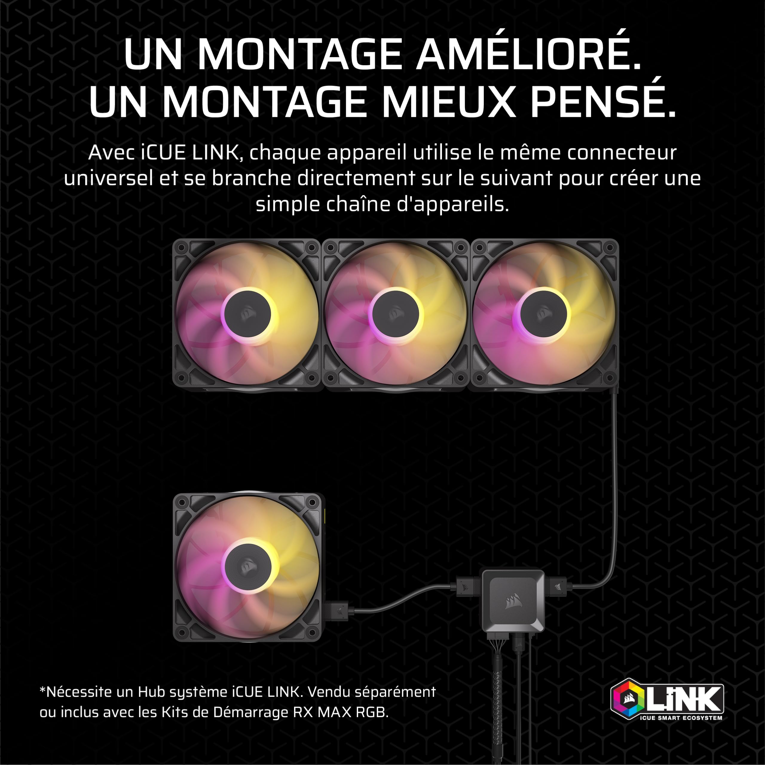 CORSAIR iCUE Link RX140 Max RGB 140mm PWM Ventilateur Épais – Pression Statique Élevée – Palier à Dôme Magnétique – Ventilateur Unique – Noir