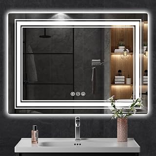 BokiHuk led Bathroom Mirror, 36x28 inch Wall-Mounted Lighted Vanity Makeup Mirror, Anti-Fog, Dimmable, Touch Screen Switch, Horizontal/Vertical