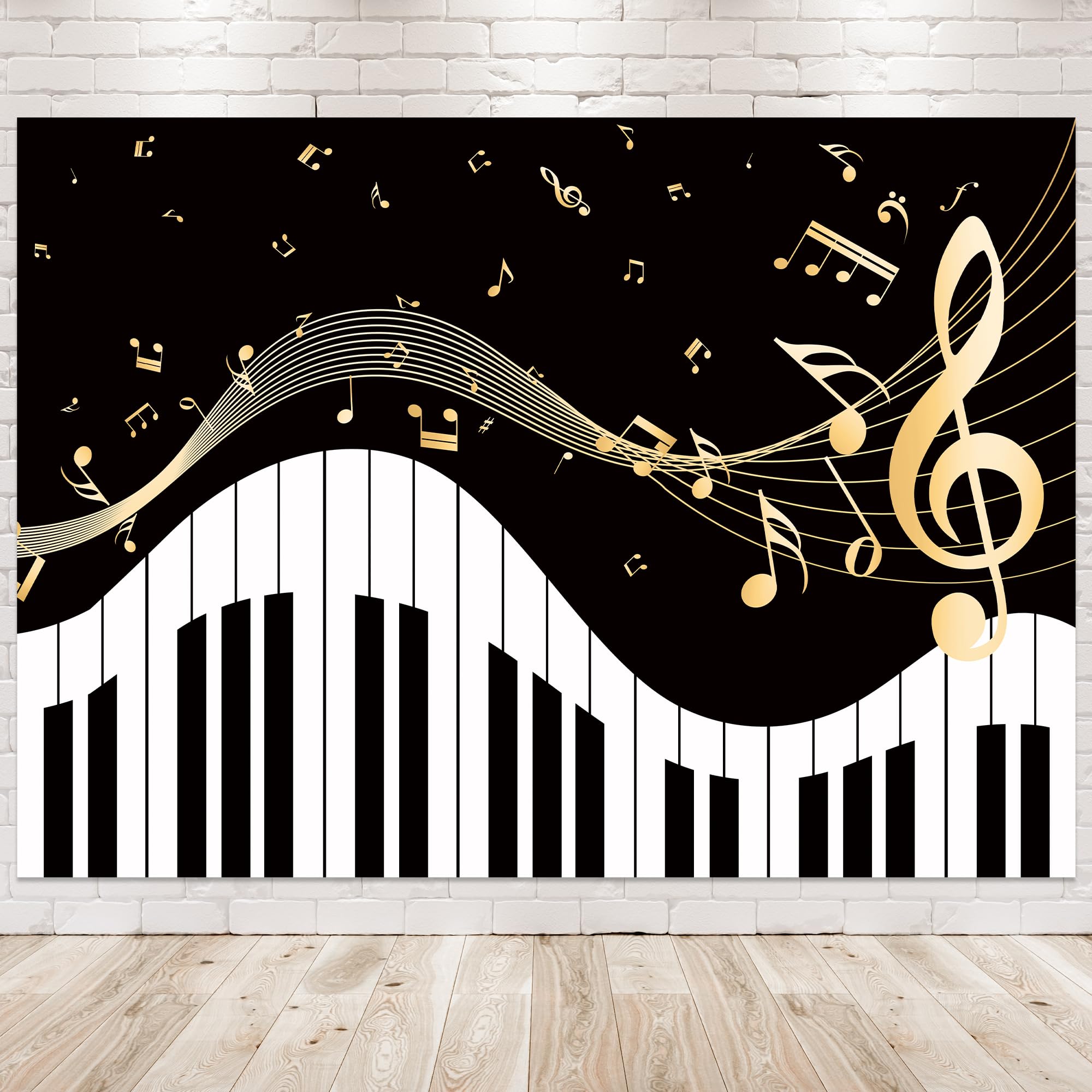 Newsely Piano Theme Backdrop 7Wx5H Photography Golden Musical Notes and Piano Keyboard Elegant Modern Trendy Background for Kids Men Women Party